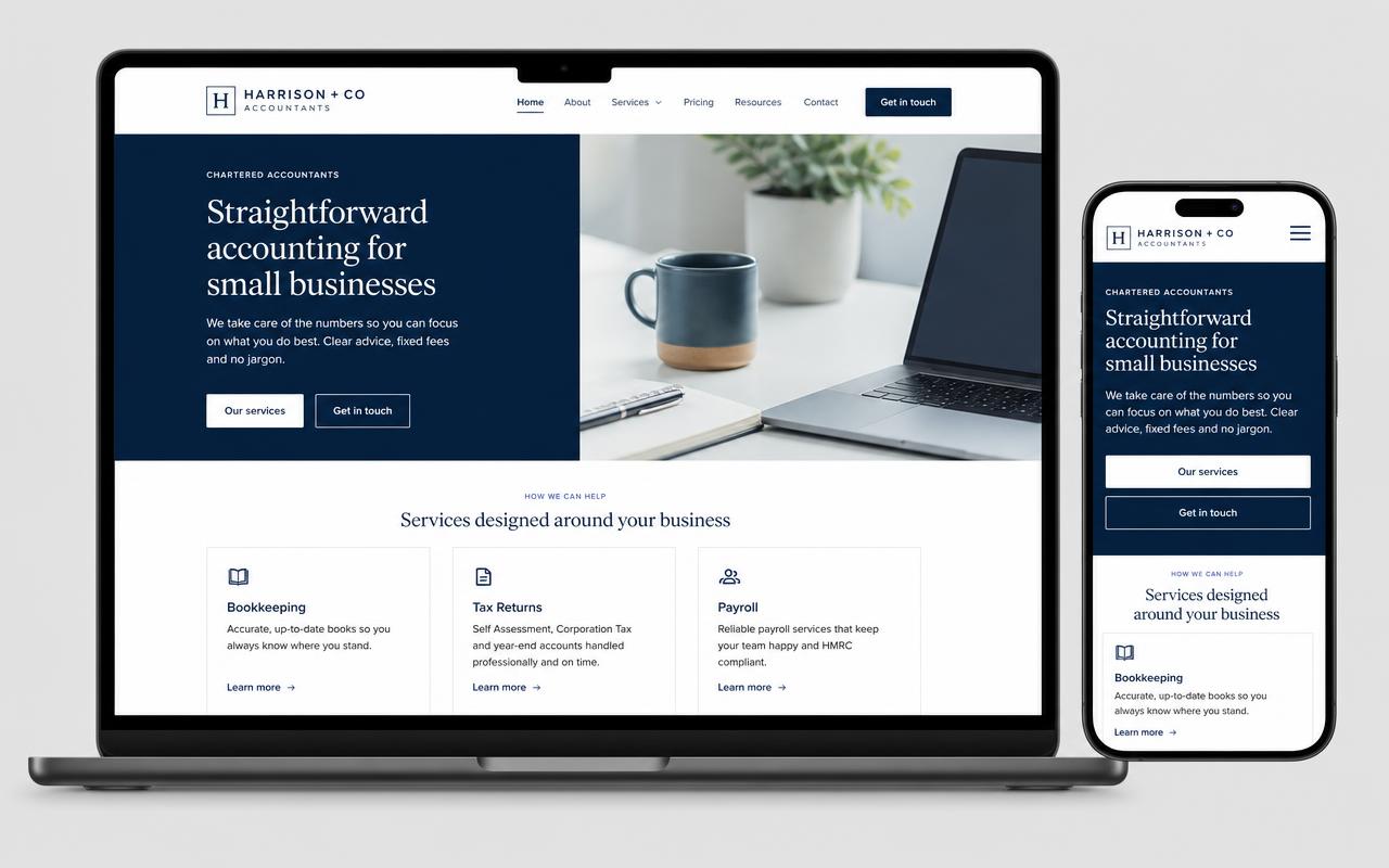 Website we built for a professional services business, shown on laptop and mobile